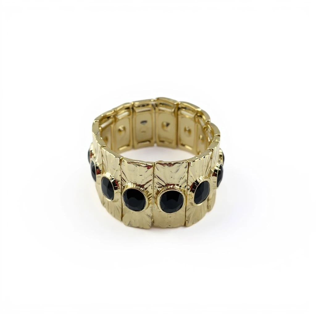 Siyah Taş Detaylı Geniş Formlu Altın Kaplama Bileklik