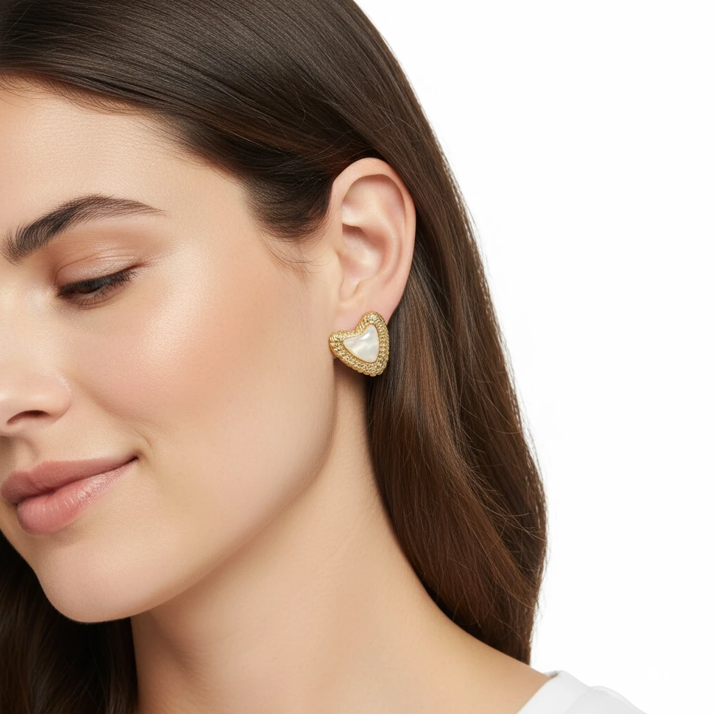 Sedef Taş Detaylı Üçgen Formlu Altın Kaplama Küpe