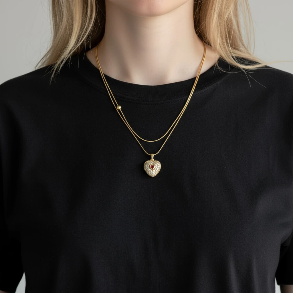 Zarif Kalp Taş Detaylı Çift Katmanlı Altın Renk Kolye