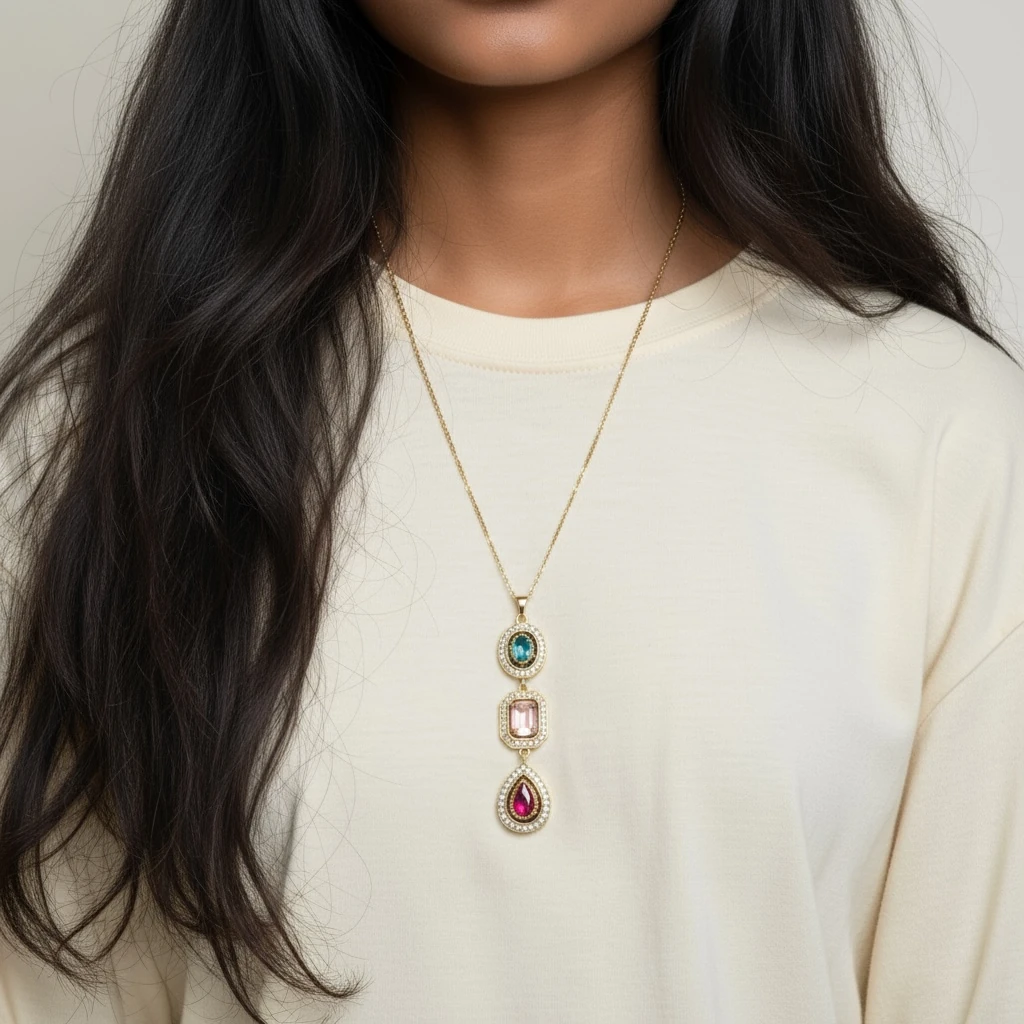 Renkli Taş Detaylı Üçlü Sıra Altın Renk Kolye