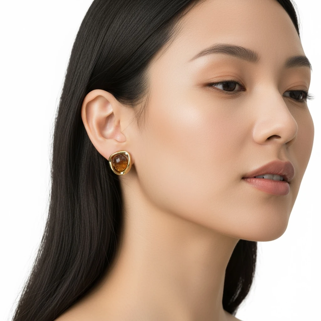 Amber Taş Detaylı Altın Kaplama Küpe