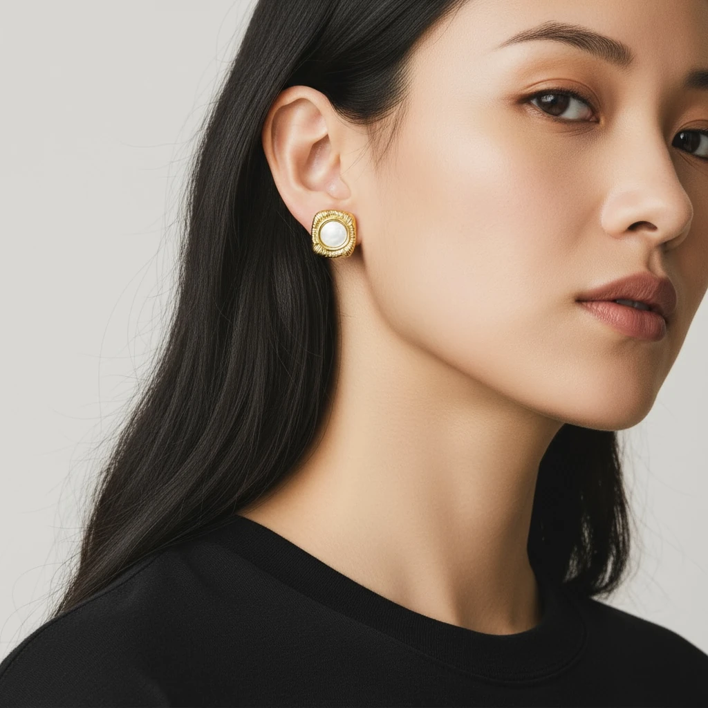 Sedef Taş Detaylı Altın Kaplama Vintage Küpe