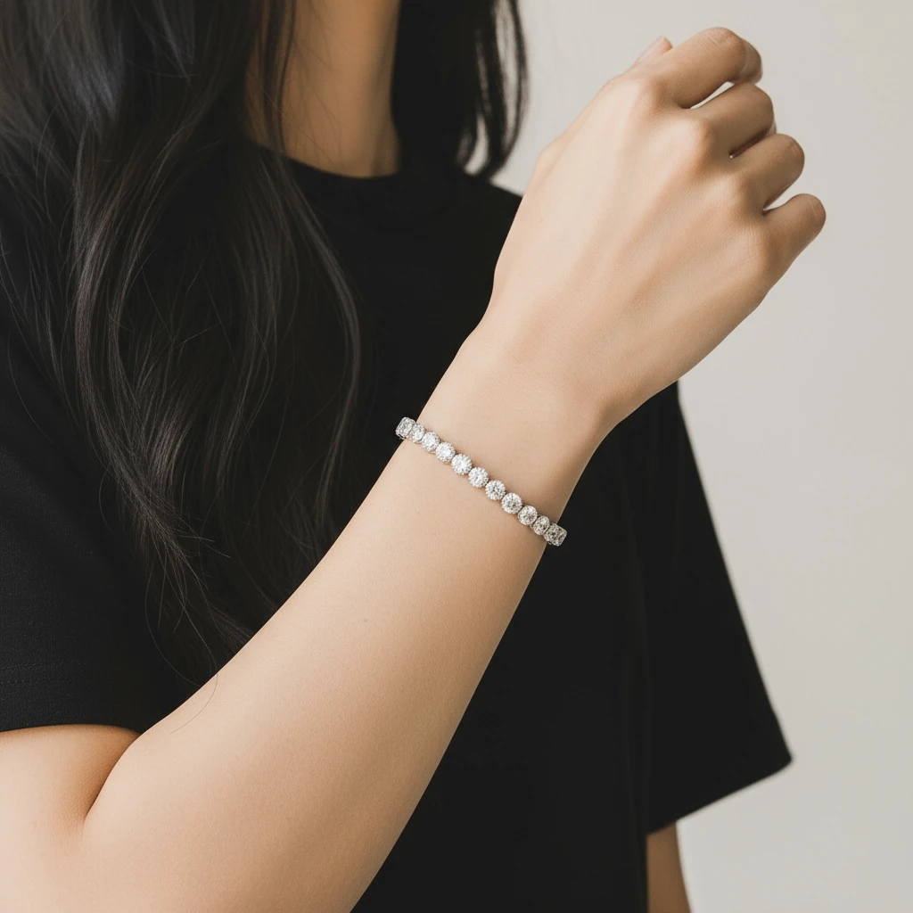 Tam Taş Sıralı Gümüş Renk Bileklik