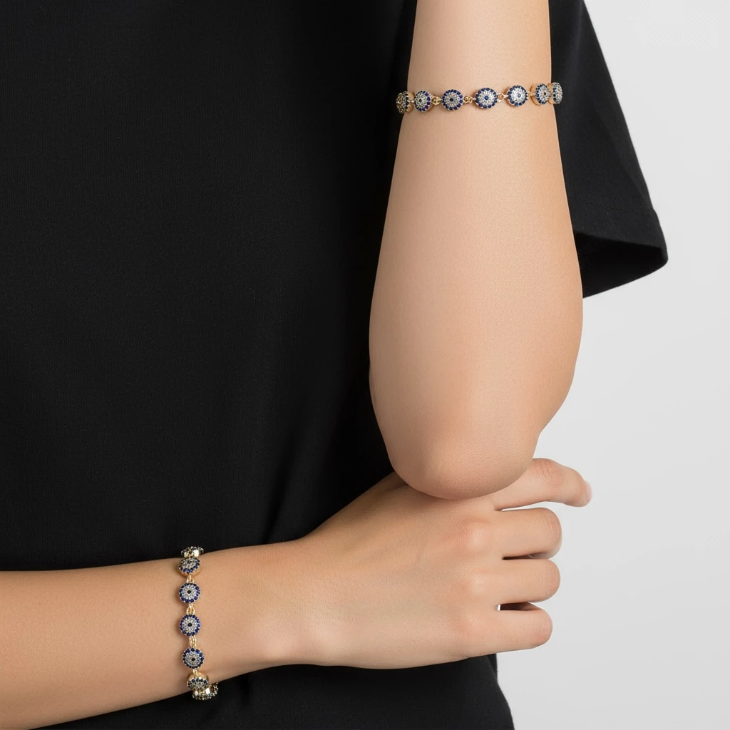 Nazar Boncuğu Detaylı Taşlı Altın Kaplama Bileklik