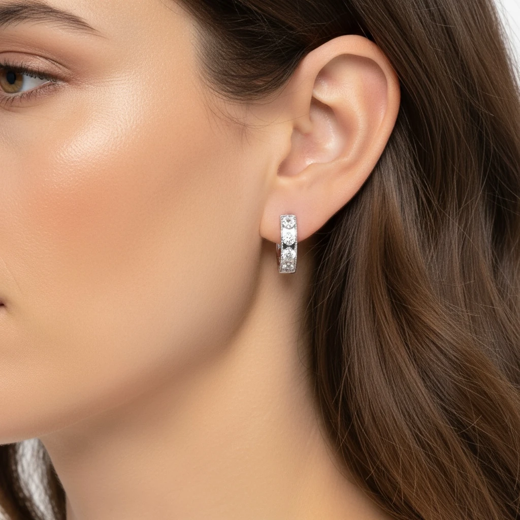 Taş Detaylı Gümüş Renk Halka Küpe