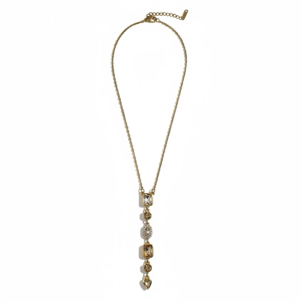 Çok Taş Detaylı Uzun Zincirli Altın Renk Kolye