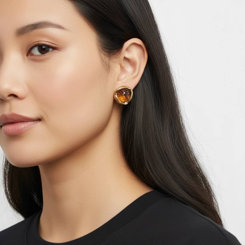 Amber Taş Detaylı Altın Kaplama Küpe