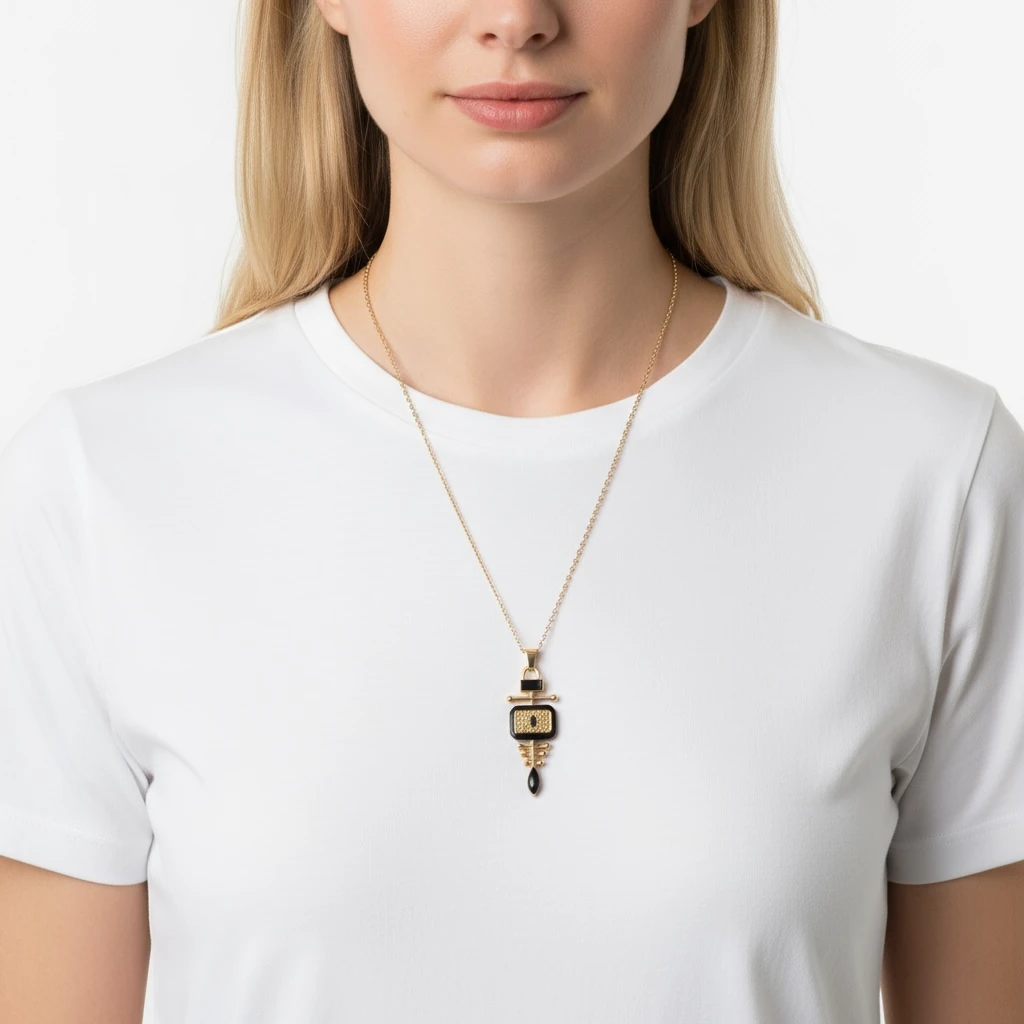 Siyah Taş Detaylı Geometrik Figürlü Altın Renk Kolye