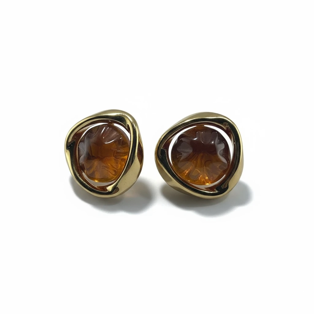 Amber Taş Detaylı Altın Kaplama Küpe