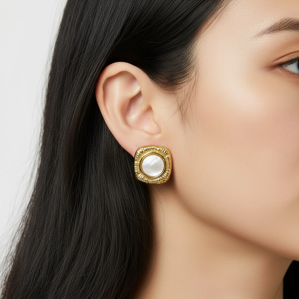 Sedef Taş Detaylı Altın Kaplama Vintage Küpe