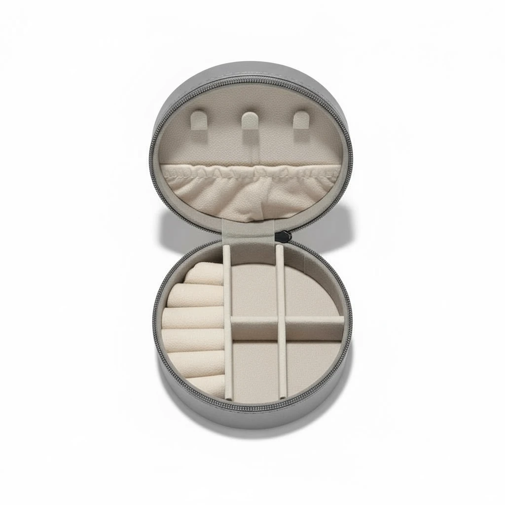 Yuvarlak Seyahat Takı Kutusu Deri Organizer - Gri