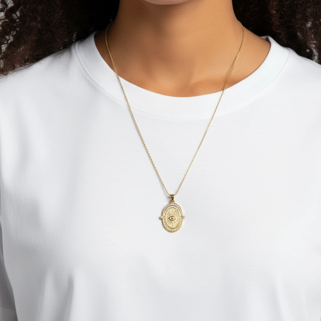 Göz Motifli Oval Altın Renk Vintage Kolye