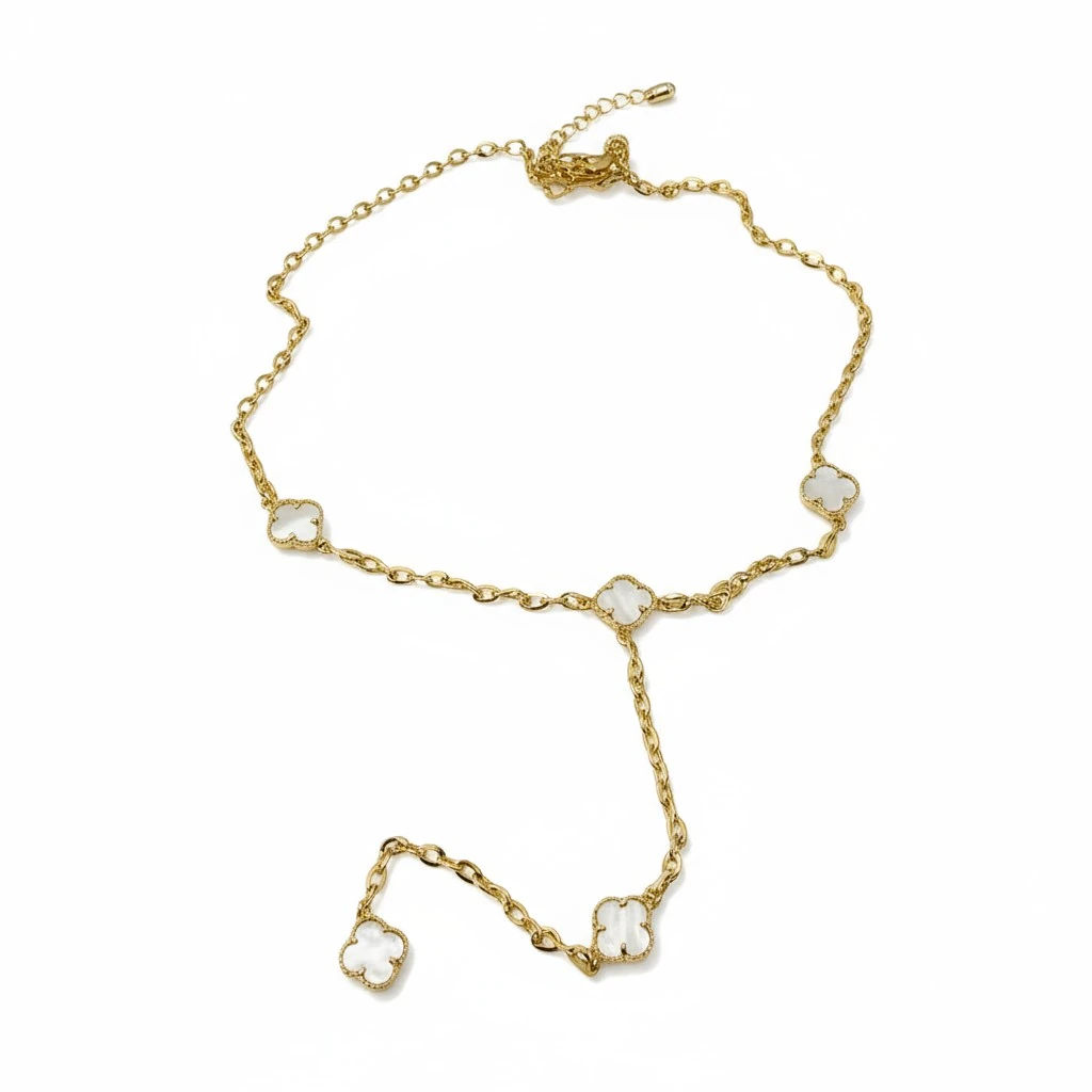 Dört Yaprak Detaylı Altın Zincirli Y Kolye