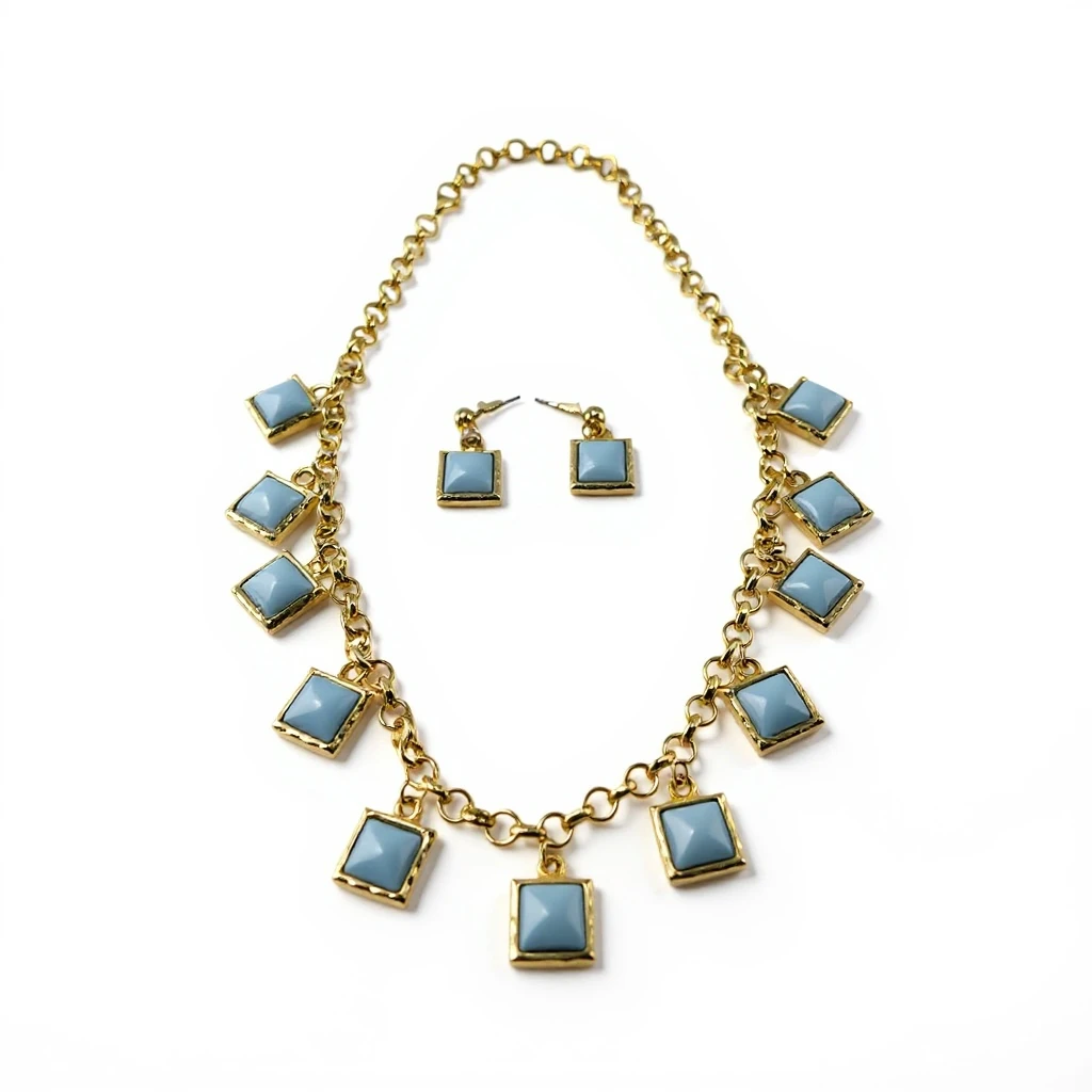 Mavi Taş Detaylı Altın Kaplama Kolye ve Küpe Seti