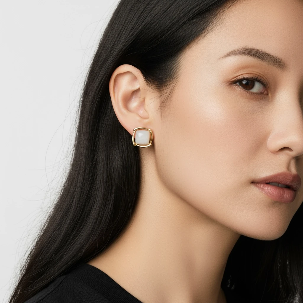 Krem Taş Detaylı Altın Kaplama Küpe