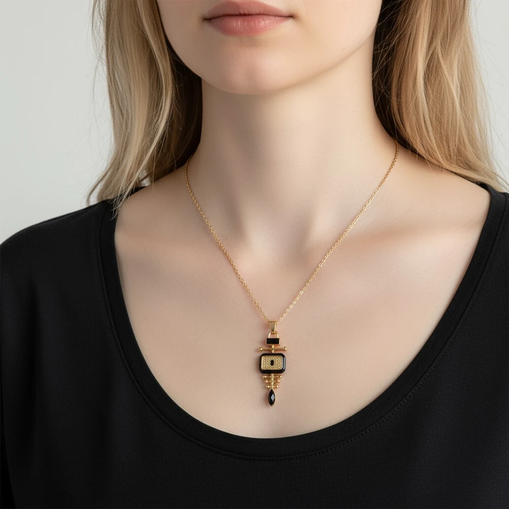 Siyah Taş Detaylı Geometrik Figürlü Altın Renk Kolye