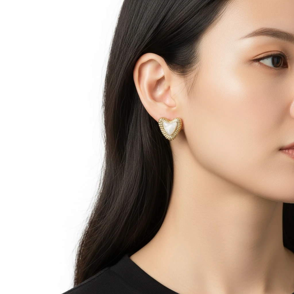 Sedef Taş Detaylı Üçgen Formlu Altın Kaplama Küpe