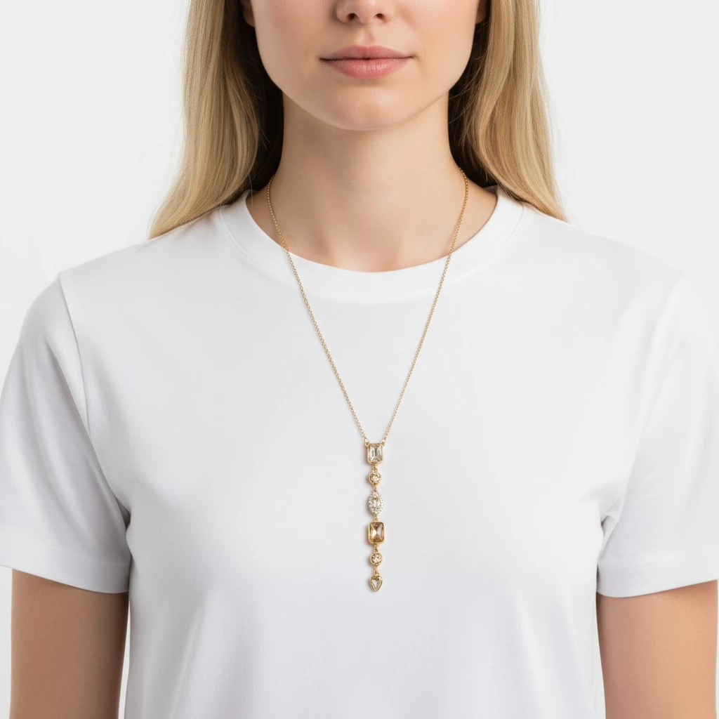 Çok Taş Detaylı Uzun Zincirli Altın Renk Kolye
