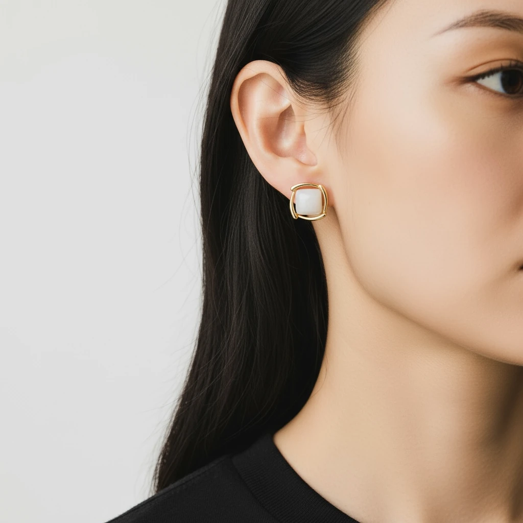 Krem Taş Detaylı Altın Kaplama Küpe