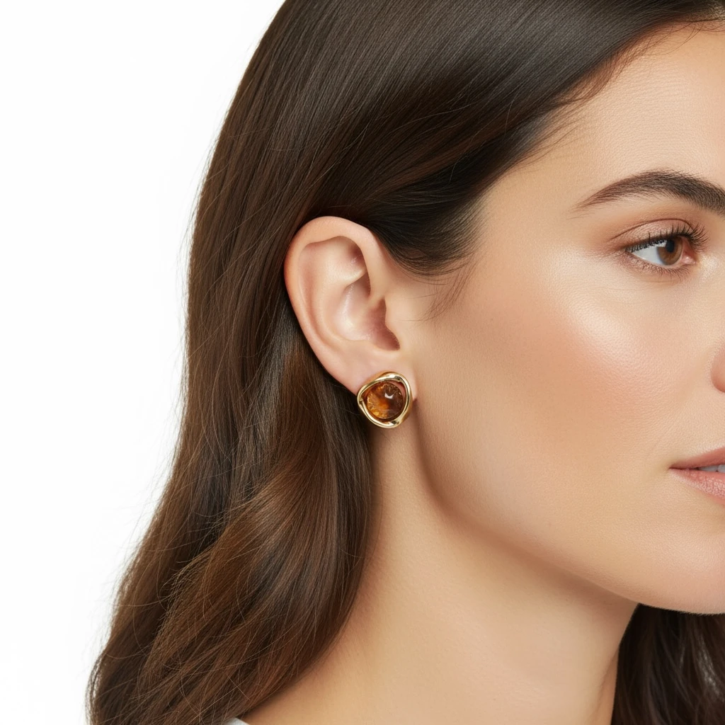 Amber Taş Detaylı Altın Kaplama Küpe