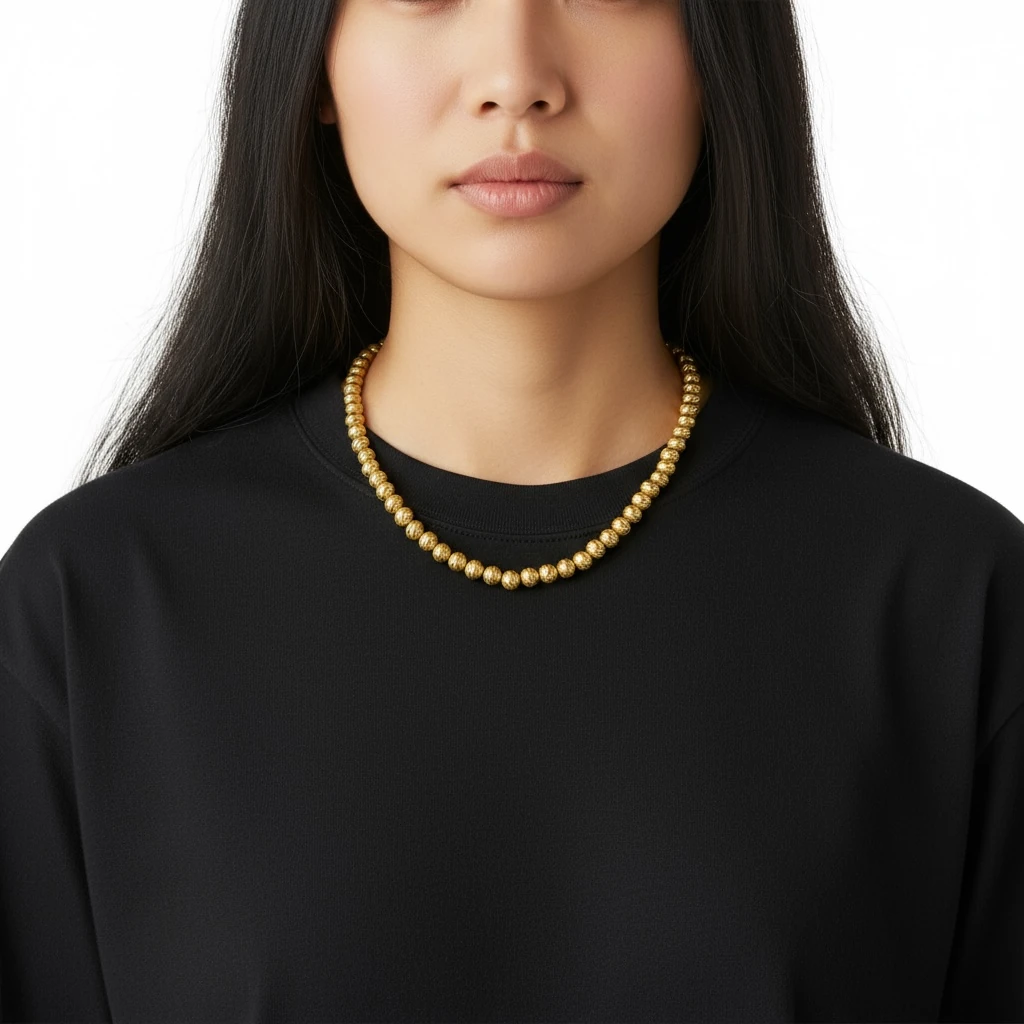 Altın Kaplama Kabartmalı Boncuk Zincir Kolye