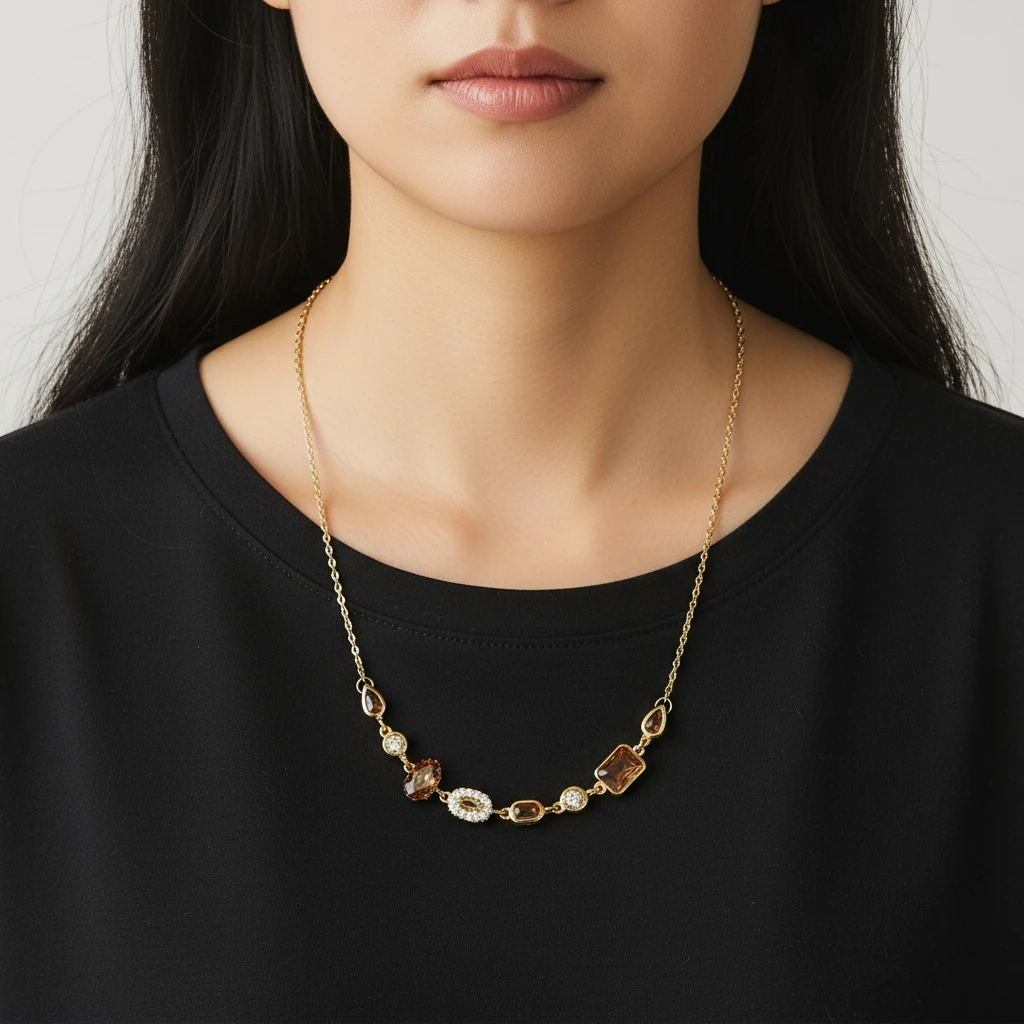 Kahve ve Altın Tonlu Aura Taş Detaylı Zarif Kolye