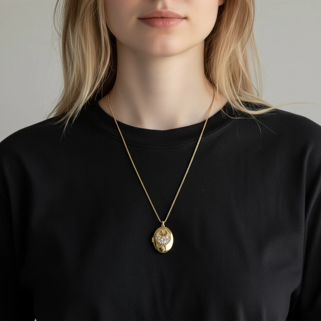 Anka Figürlü Taş Detaylı Oval Madalyon Kolye