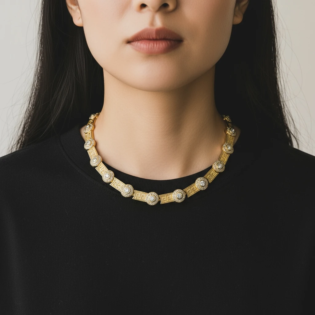 Greek Motifli Taş Detaylı Altın Kolye