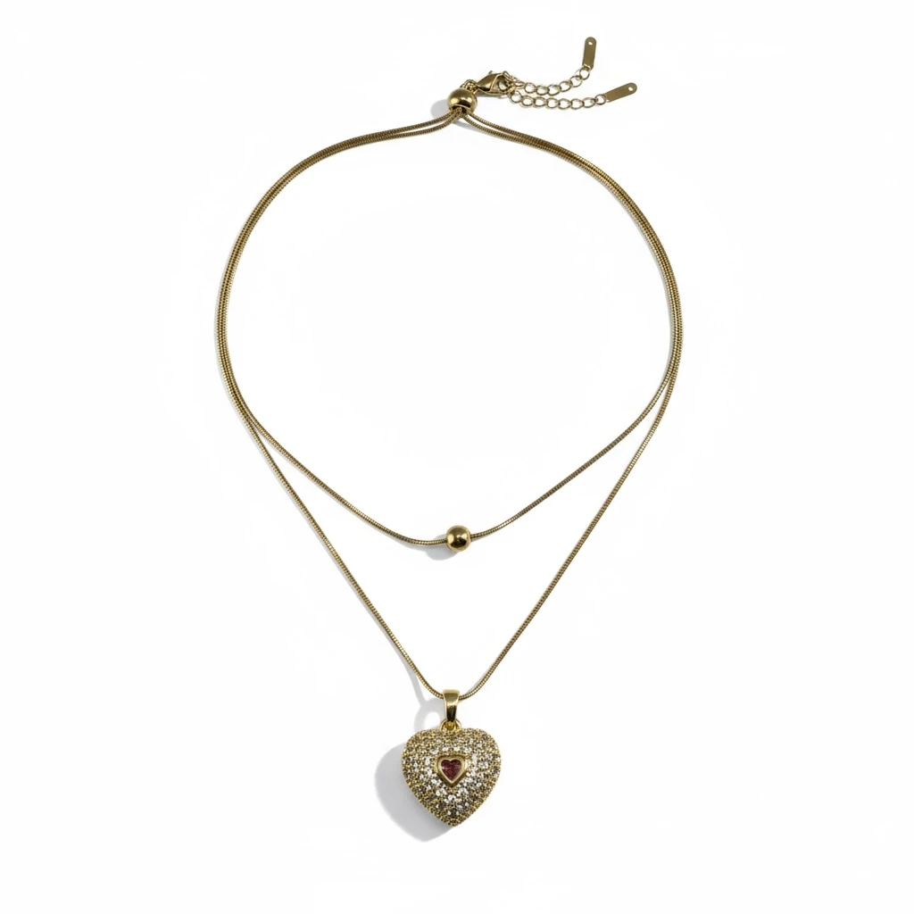 Zarif Kalp Taş Detaylı Çift Katmanlı Altın Renk Kolye