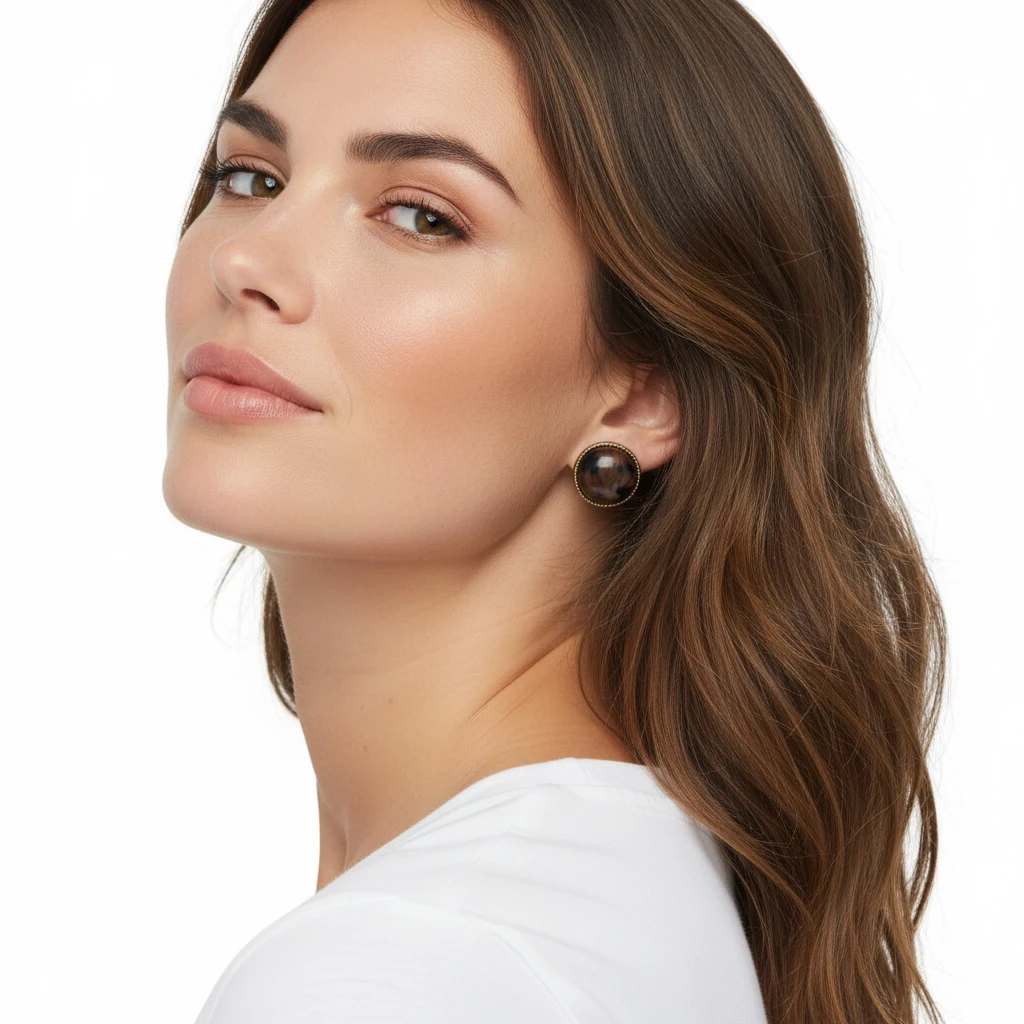 Kahverengi Taş Detaylı Altın Kaplama Küpe