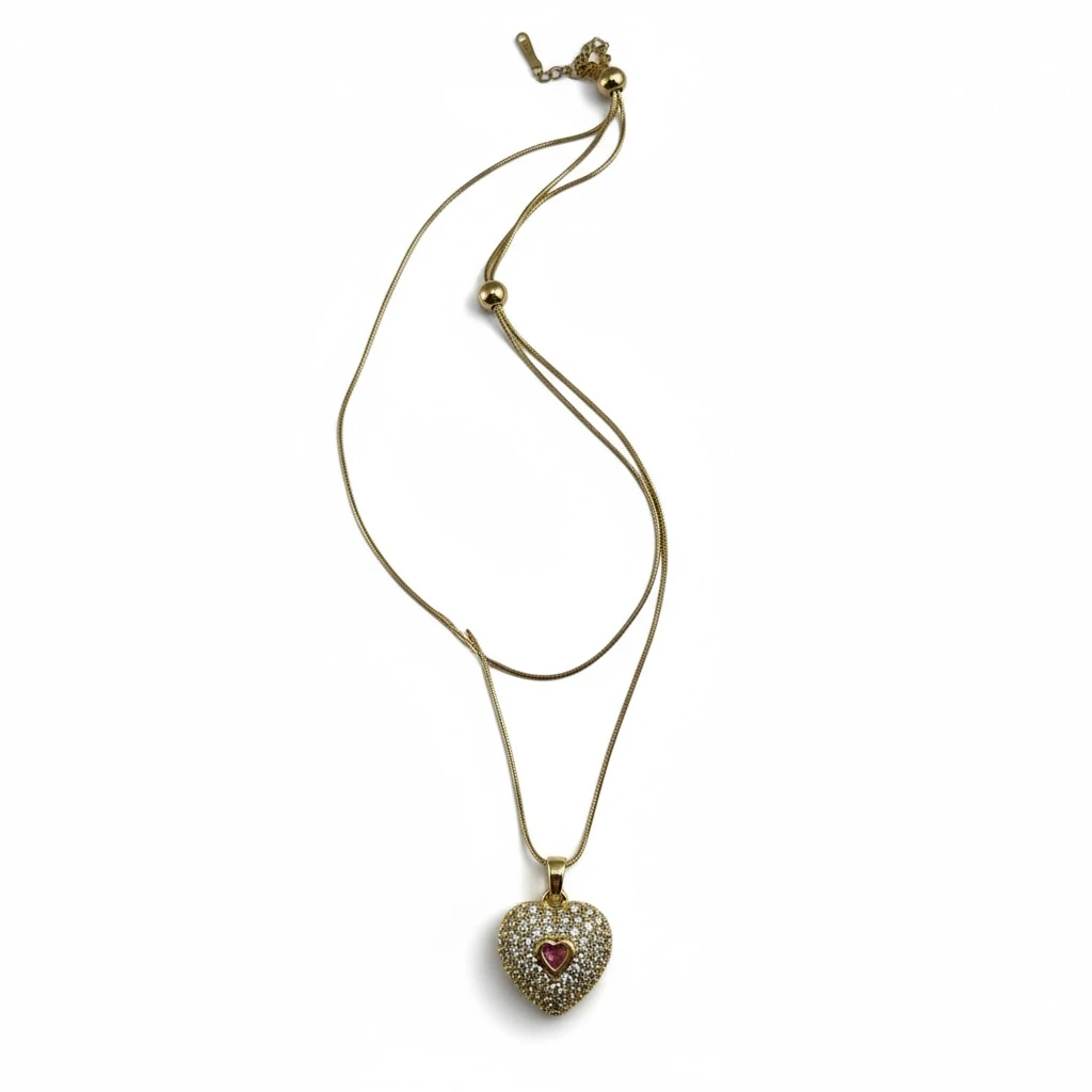 Zarif Kalp Taş Detaylı Çift Katmanlı Altın Renk Kolye