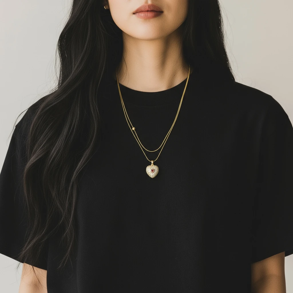 Zarif Kalp Taş Detaylı Çift Katmanlı Altın Renk Kolye