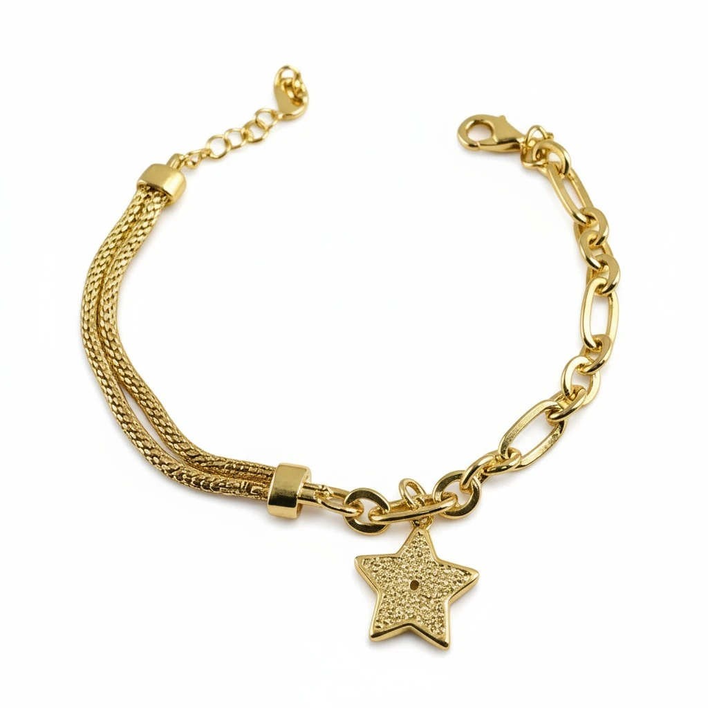 Yıldız Figürlü Zincir Detaylı Altın Bileklik