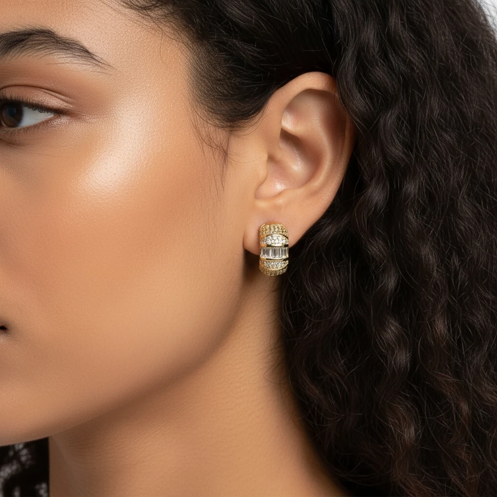 Işıltılı Taş İşlemeli Geniş Form Küpe