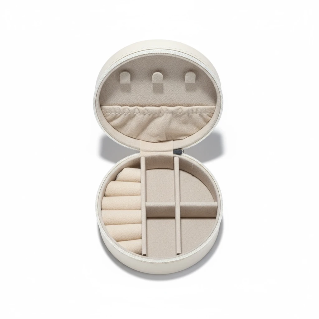 Yuvarlak Seyahat Takı Kutusu Deri Organizer - Krem