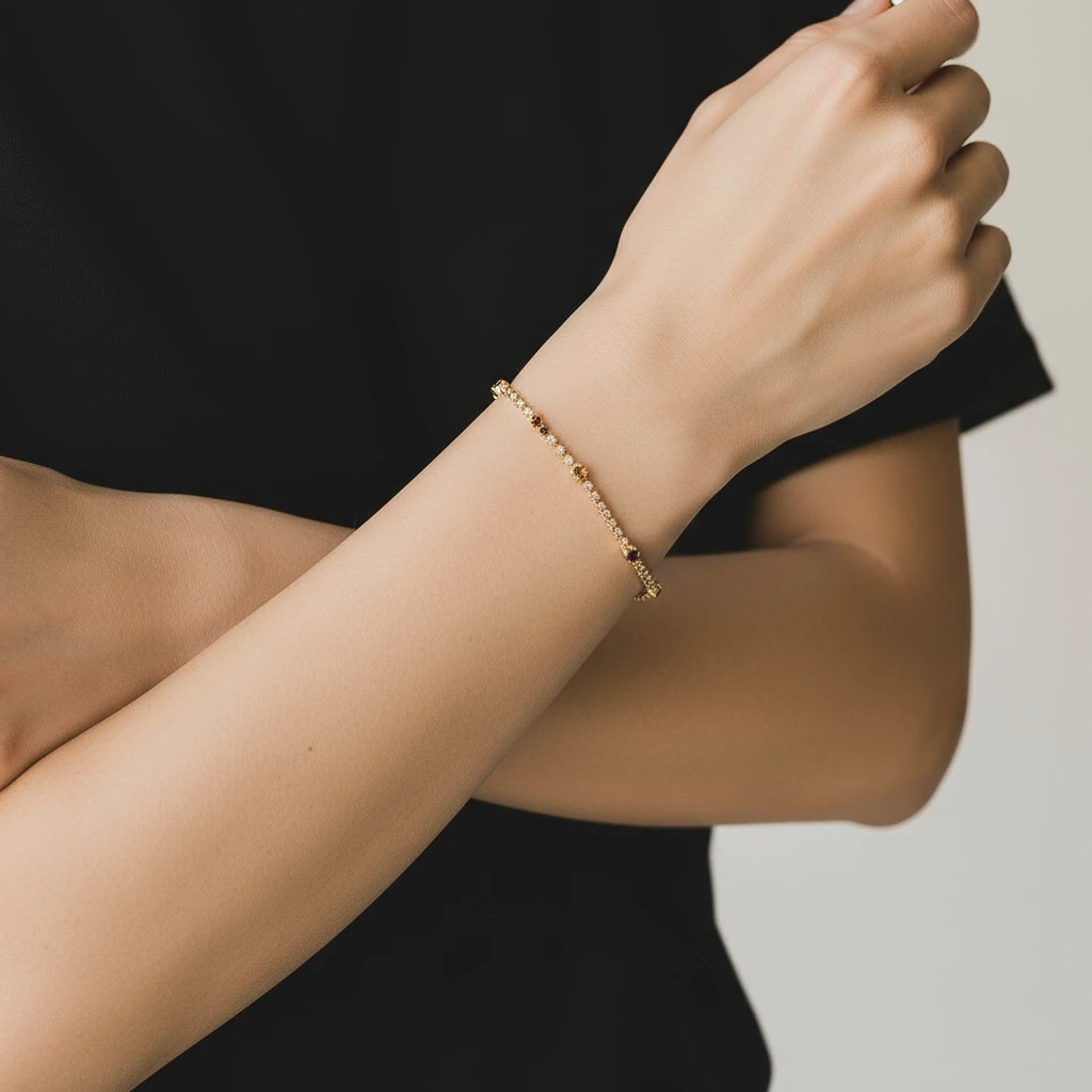 Renkli Taş Detaylı Altın Kaplama Bileklik