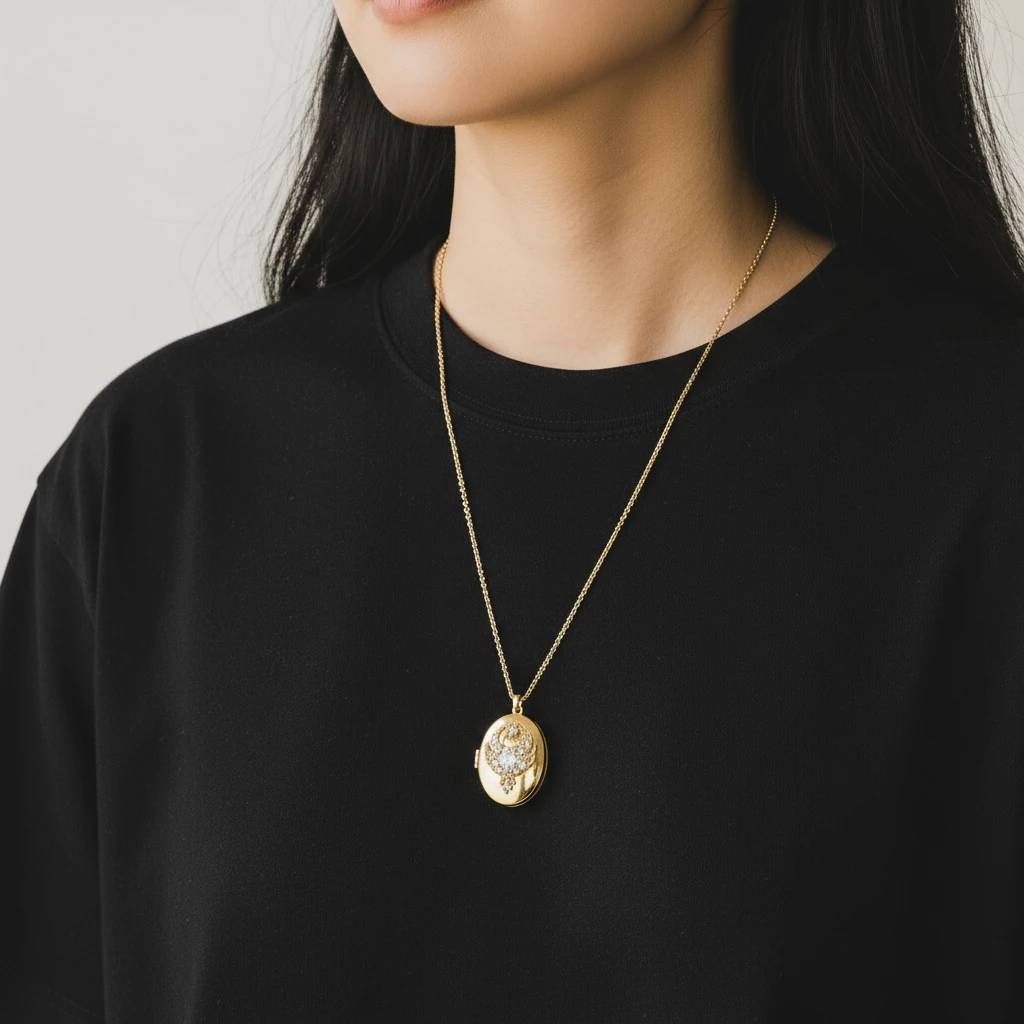 Anka Figürlü Taş Detaylı Oval Madalyon Kolye