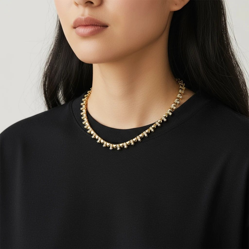 Kalp ve Taş Detaylı Altın Kaplama Kolye