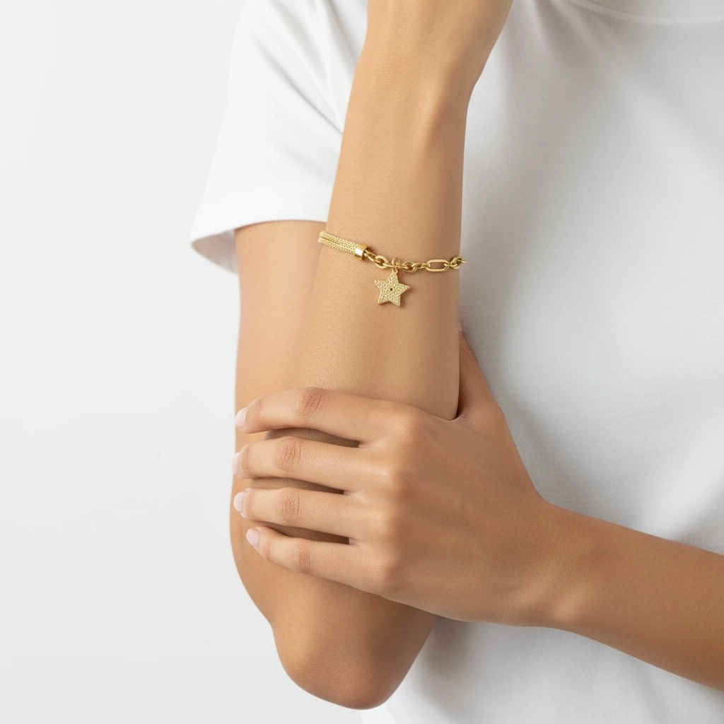 Yıldız Figürlü Zincir Detaylı Altın Bileklik