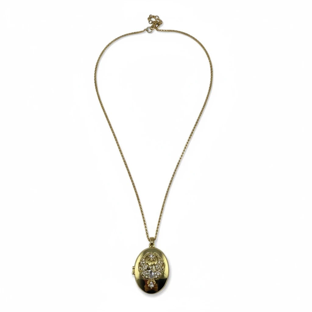 Anka Figürlü Taş Detaylı Oval Madalyon Kolye