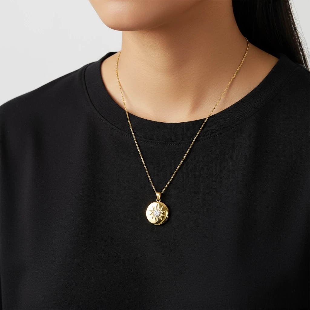 Işıltılı Güneş Motifli Altın Renk Locket Kolye