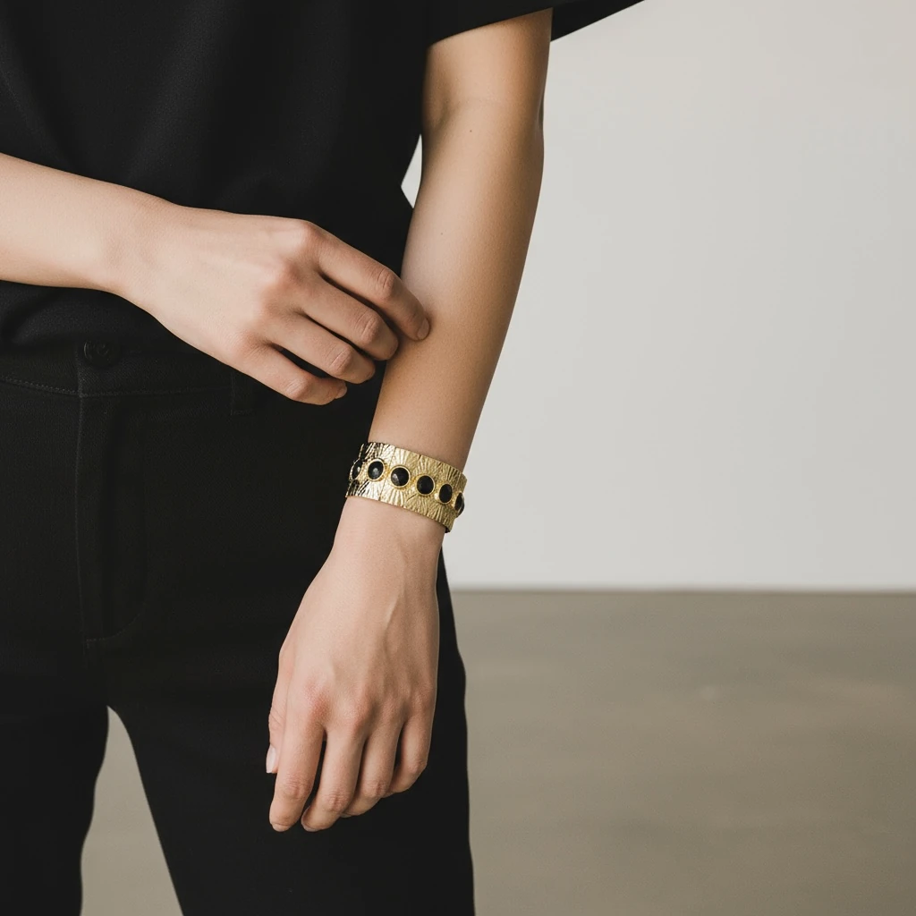 Siyah Taş Detaylı Geniş Formlu Altın Kaplama Bileklik