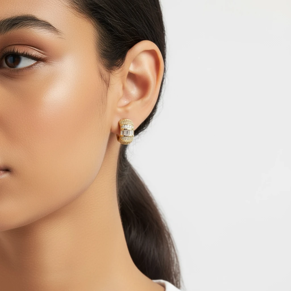 Işıltılı Taş İşlemeli Geniş Form Küpe