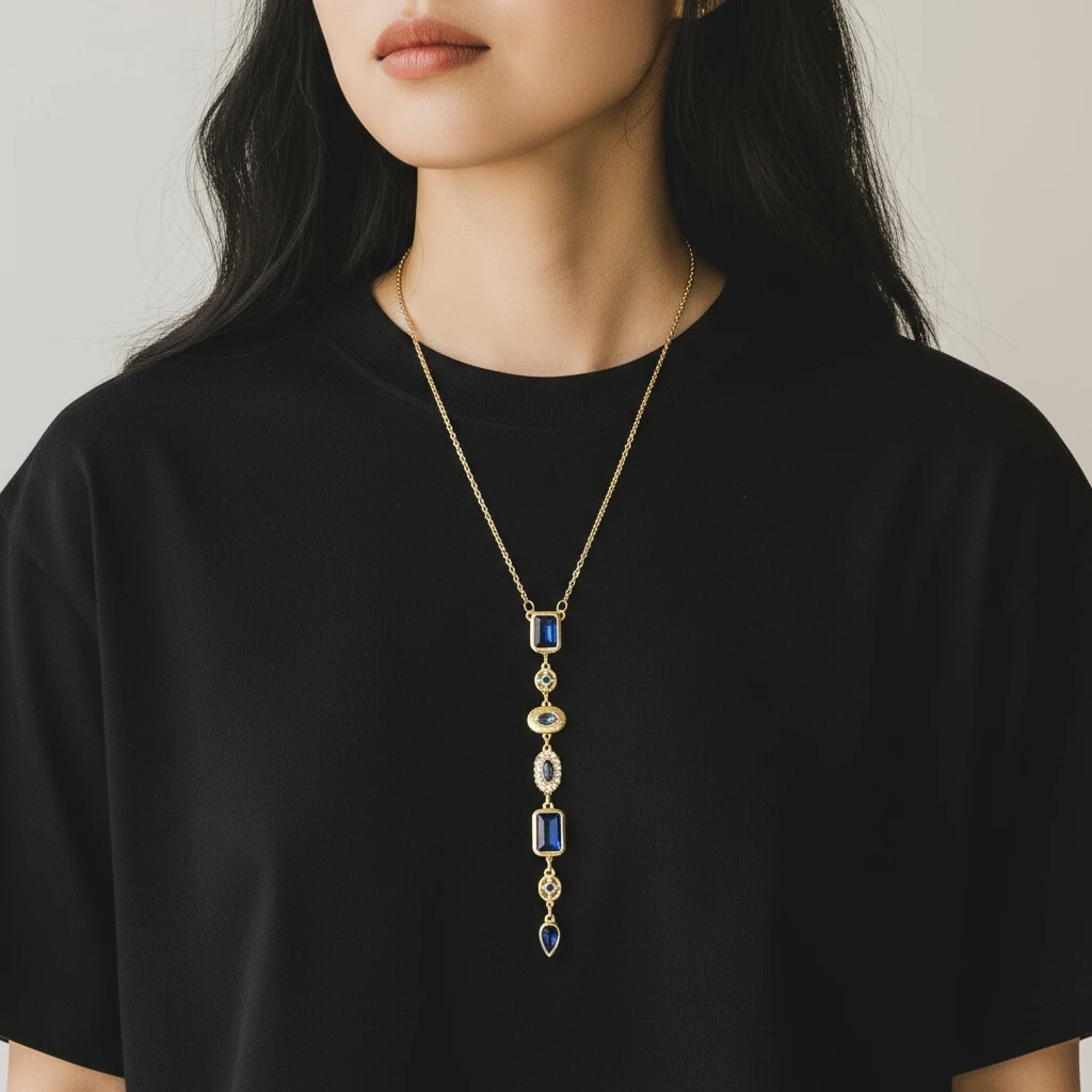Mavi Taş Detaylı Çoklu Form Altın Renk Kolye