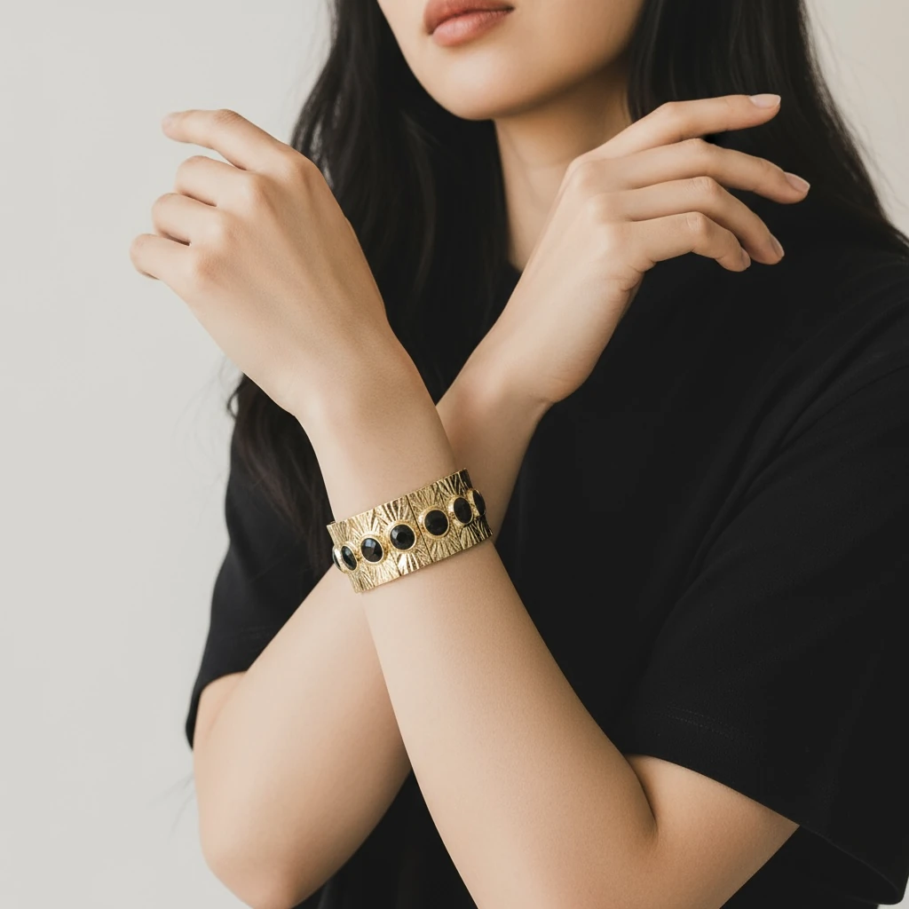 Siyah Taş Detaylı Geniş Formlu Altın Kaplama Bileklik