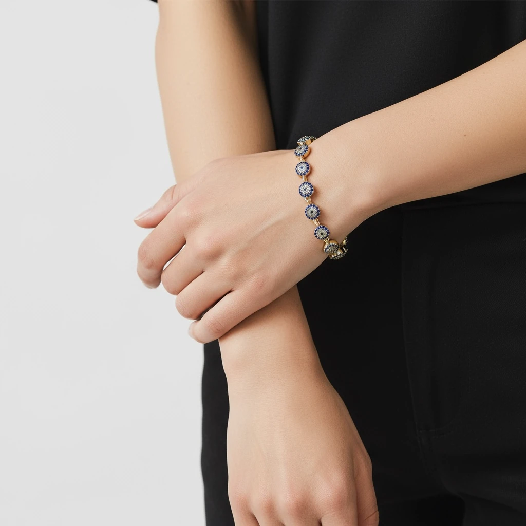 Nazar Boncuğu Detaylı Taşlı Altın Kaplama Bileklik