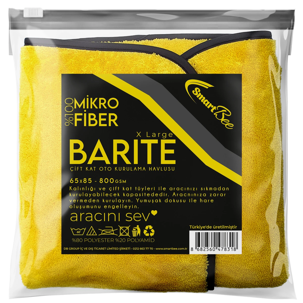 BARITE Çift Kat Mikrofiber Oto Kurulama Havlusu 65x85 800GSM - Sarı