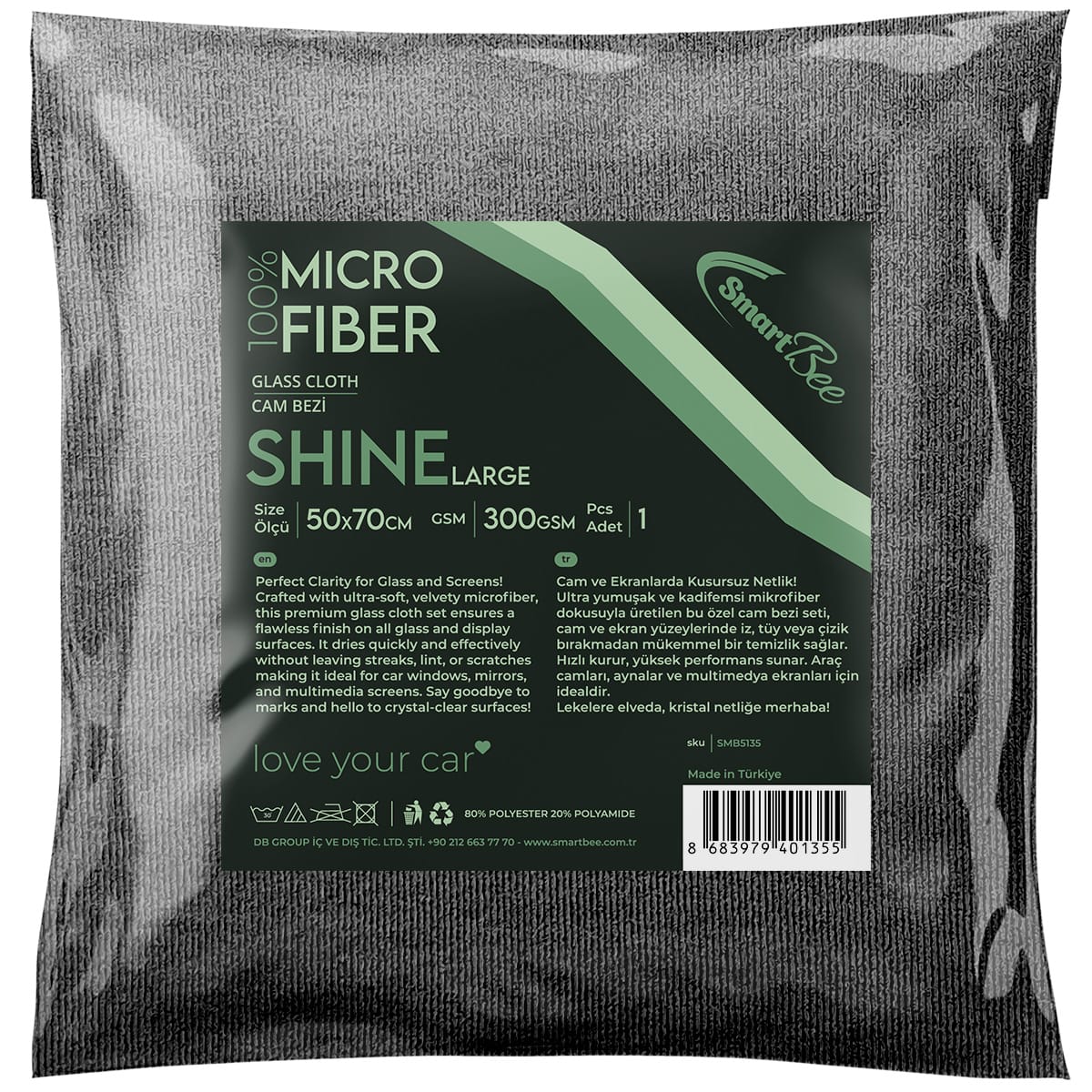 SHINE Mikrofiber Kalın Oto Cam Bezi 50×70cm 300GSM – Gri