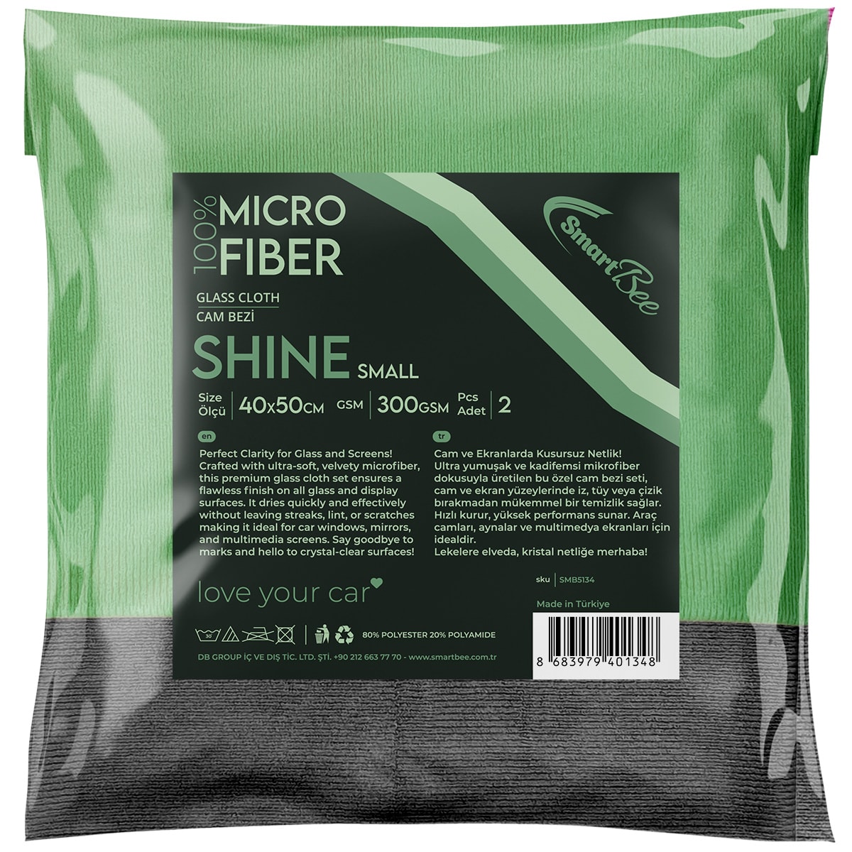 SHINE 2’li Mikrofiber Kalın Oto Cam Bezi 40×50cm 300GSM – Yeşil/Gri