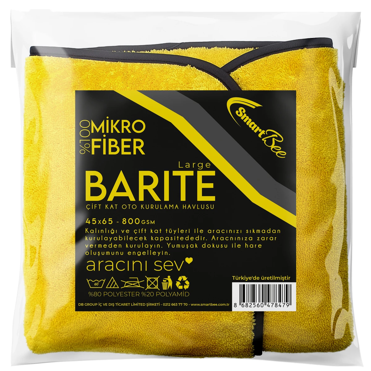 BARITE Çift Kat Mikrofiber Oto Kurulama Havlusu 45x65cm 800GSM - Sarı